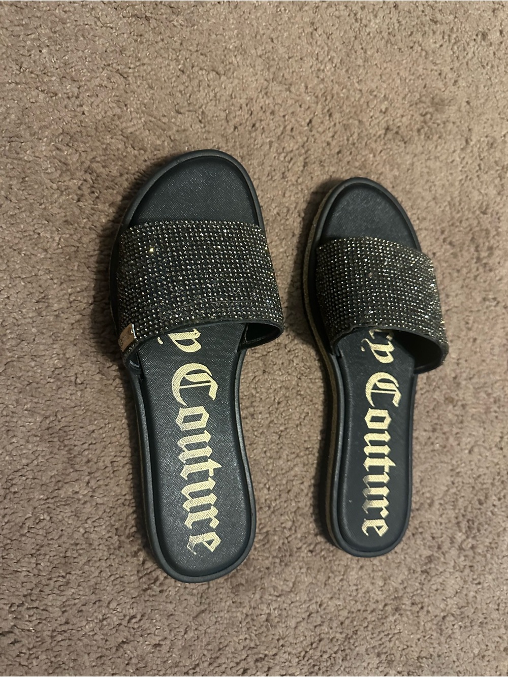 Juicy Couture Black Crystal-Embellished Slide Sandals